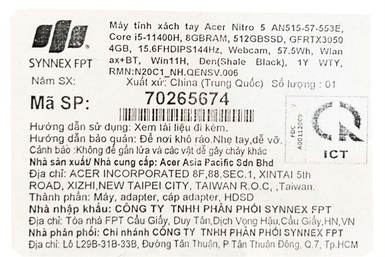 Laptop Acer Nitro 5 Gaming AN515 57 553E i5 11400H/8GB/512GB/4GB RTX3050/144Hz/Win11 (NH.QENSV.006) Màu Đen