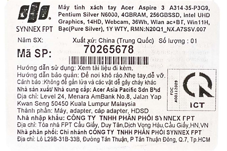 Laptop Acer Aspire 3 A314 35 P3G9 N6000/4GB/256GB/Win11 (NX.A7SSV.007) Màu Bạc