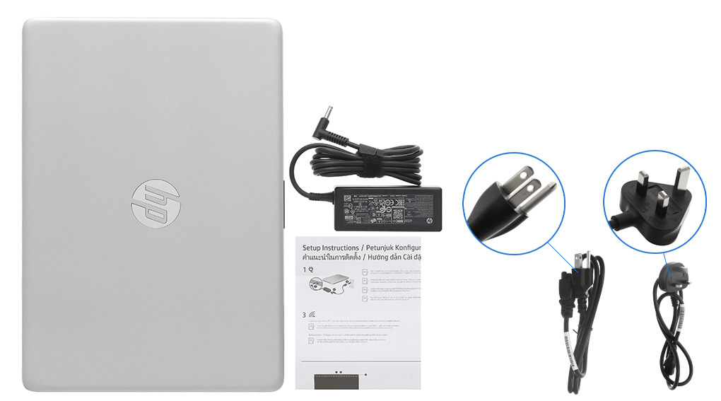 Bộ sản phẩm gồm: Dây nguồn ( 2 dây ), Sách hướng dẫn, Thùng máy, Sạc Laptop HP