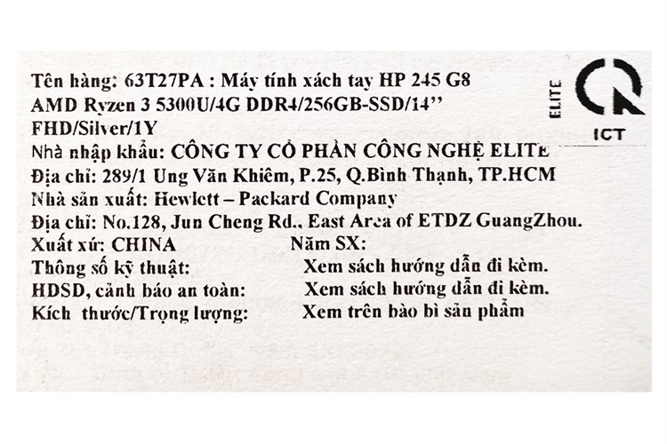 Laptop HP 245 G8 R3 5300U/4GB/256GB/Win11 (63T27PA) Màu Bạc