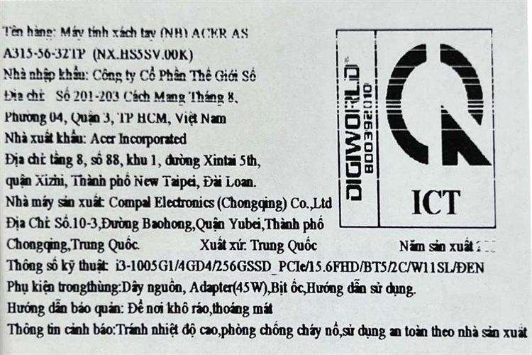 Laptop Acer Aspire 3 A315 56 32TP i3 1005G1/4GB/256GB/Win11 (NX.HS5SV.00K) Màu Đen