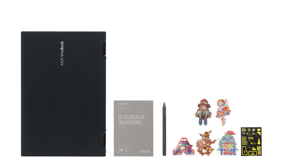 Bộ sản phẩm gồm: Sách hướng dẫn, Sạc Laptop Asus, Thùng máy, Bút cảm ứng