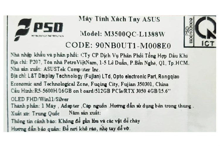 Laptop Asus VivoBook Pro 15 OLED M3500QC R5 5600H/16GB/512GB/4GB RTX3050/Win11 (L1388W) Màu Bạc