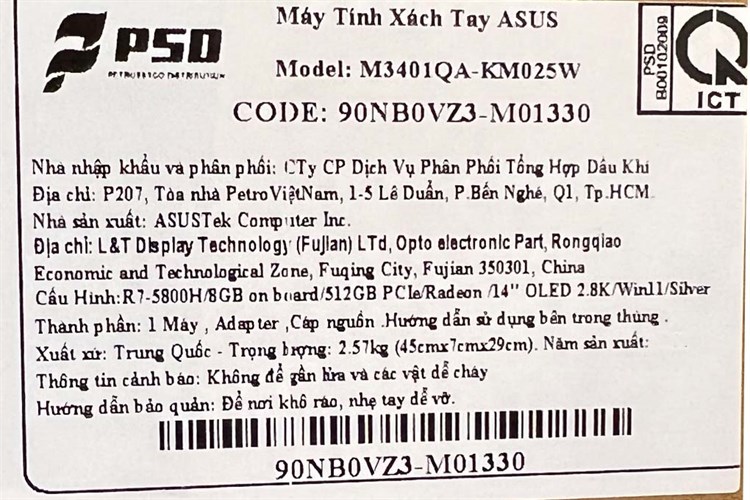 Laptop Asus VivoBook 14 OLED M3401QA R7 5800H/8GB/512GB/Win11 (KM025W) Màu Bạc