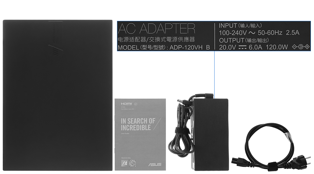 Bộ sản phẩm gồm: Sách hướng dẫn, Dây nguồn, Sạc Laptop Asus, Thùng máy