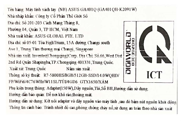 Laptop Asus Rog Zephyrus Gaming G14 GA401QH R7 5800HS/8GB/512GB/4GB GTX1650/120Hz/Túi/Win11 (K2091W) Màu Xám