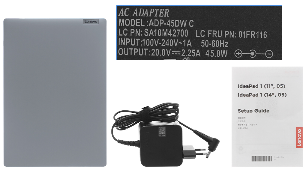 Bộ sản phẩm gồm: Sách hướng dẫn, Sạc Laptop Lenovo, Thùng máy