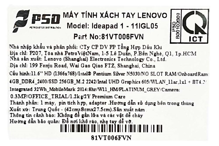 Laptop Lenovo Ideapad 1 11IGL05 N5030/4GB/256GB/Win11 (81VT006FVN) Màu Xám