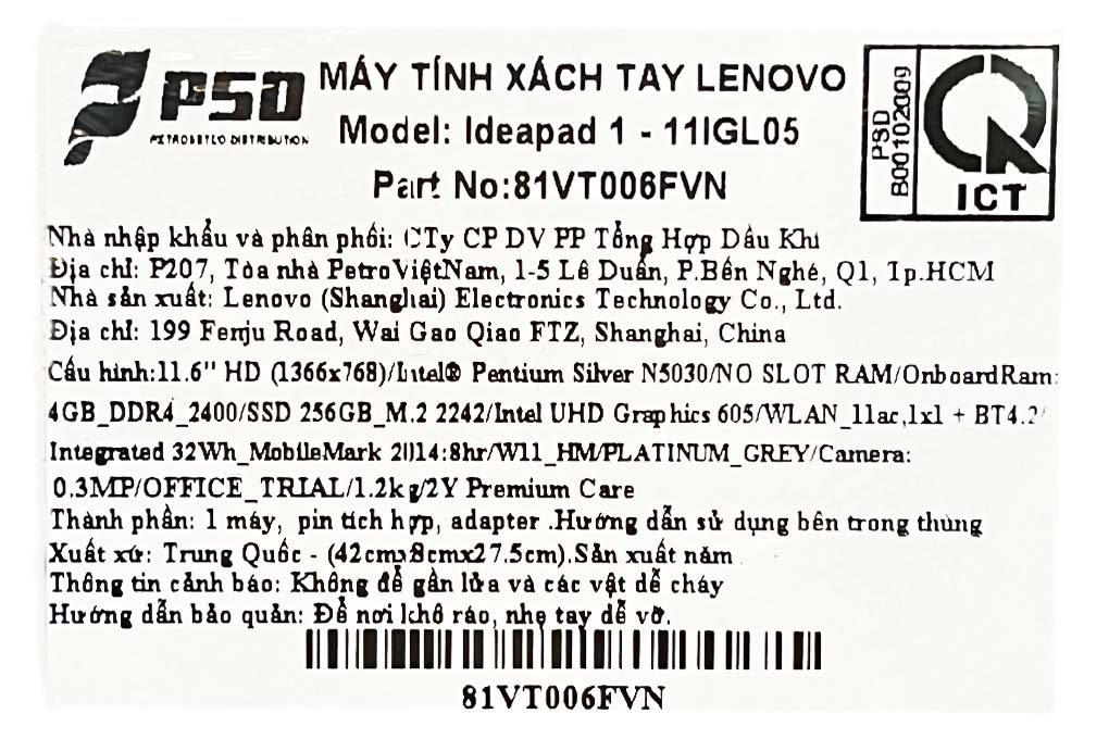 Laptop Lenovo Ideapad 1 11IGL05 N5030/4GB/256GB/Win11 (81VT006FVN) Màu Xám