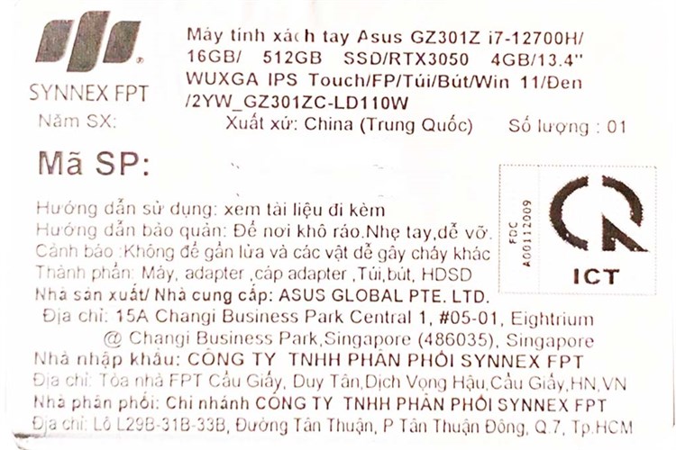 Laptop Asus Gaming ROG Flow Z13 GZ301ZC i7 12700H/16GB/512GB/4GB RTX3050/120Hz/Touch/Pen/Túi/Win11 (LD110W) Màu Đen