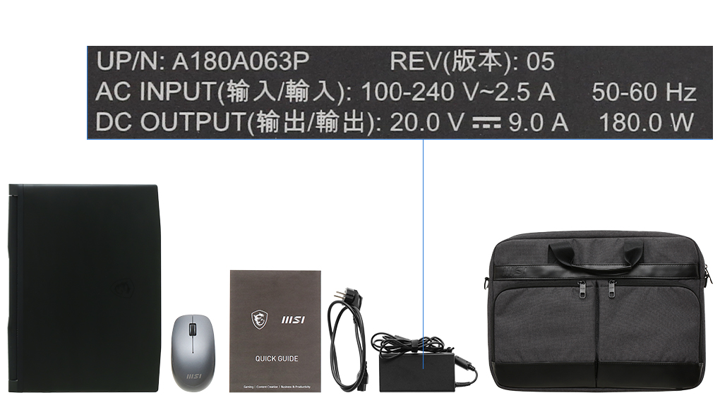 Bộ sản phẩm gồm: Sách hướng dẫn, Dây nguồn, Sạc Laptop MSI, Thùng máy, Chuột, Túi xách