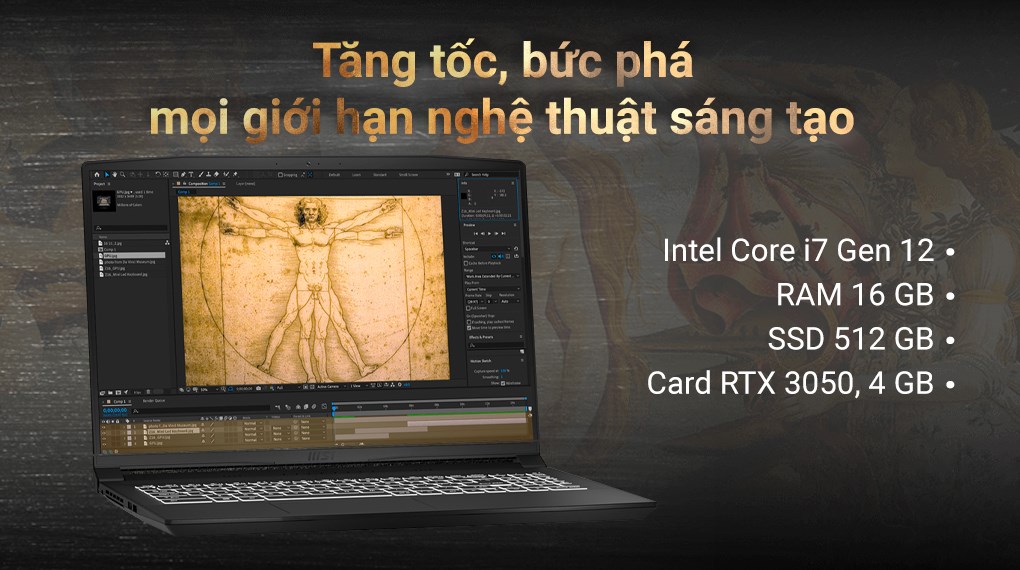 Laptop MSI Creator M16 A12UC i7 12700H/16GB/512GB/4GB RTX3050/Túi/Chuột/Win11 (292VN)