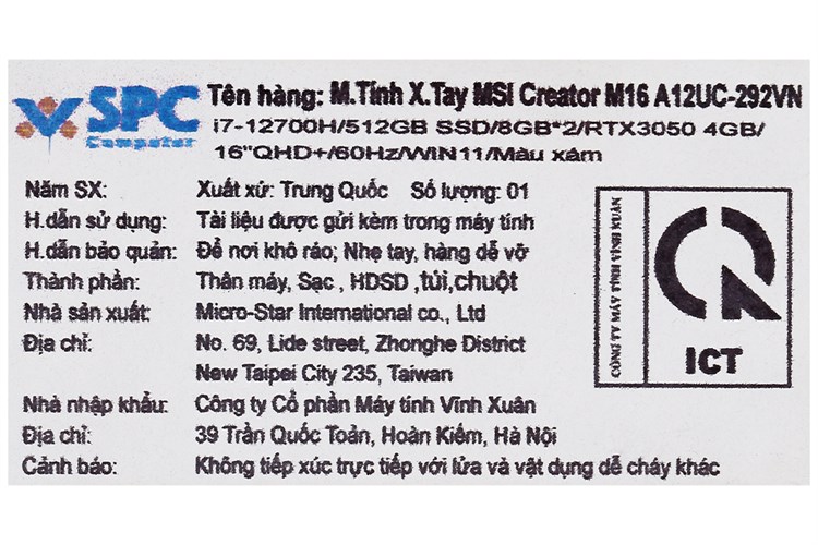 Laptop MSI Creator M16 A12UC i7 12700H/16GB/512GB/4GB RTX3050/Túi/Chuột/Win11 (292VN) Màu Xám