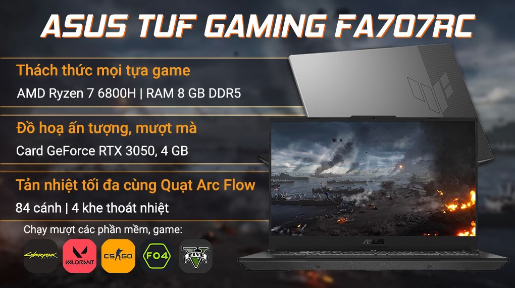 Laptop Asus TUF Gaming FA707RC R7 6800H/8GB/512GB/4GB RTX3050/144Hz/Win11 (HX130W)