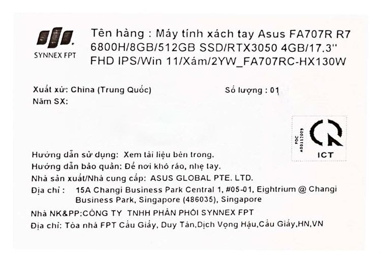 Laptop Asus TUF Gaming FA707RC R7 6800H/8GB/512GB/4GB RTX3050/144Hz/Win11 (HX130W) Màu Xám