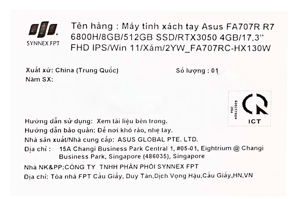 Laptop Asus TUF Gaming FA707RC R7 6800H/8GB/512GB/4GB RTX3050/144Hz/Win11 (HX130W) Màu Xám