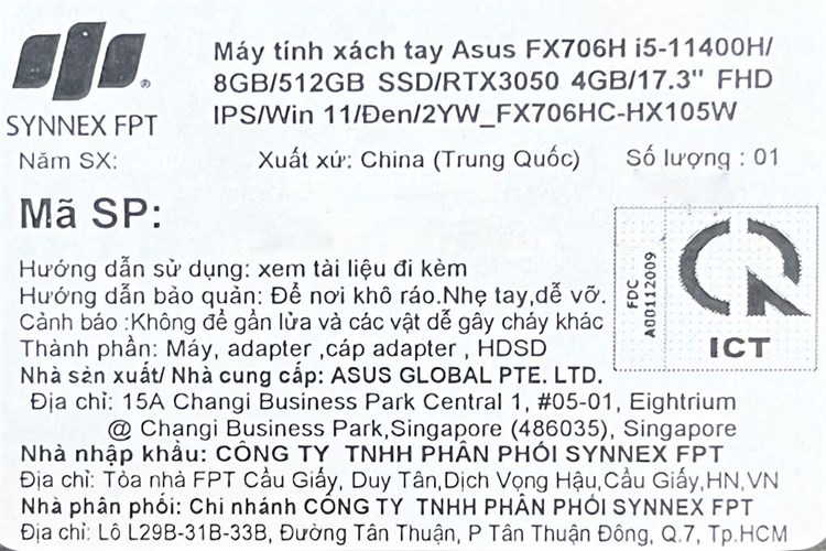 Laptop Asus TUF Gaming FX706HC i5 11400H/8GB/512GB/4GB RTX3050/144Hz/Win11 (HX105W) Màu Đen