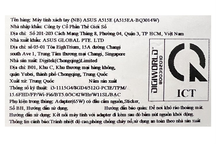 Laptop Asus VivoBook A515EA i3 1115G4/8GB/512GB/Win11 (BQ3014W) Màu Bạc