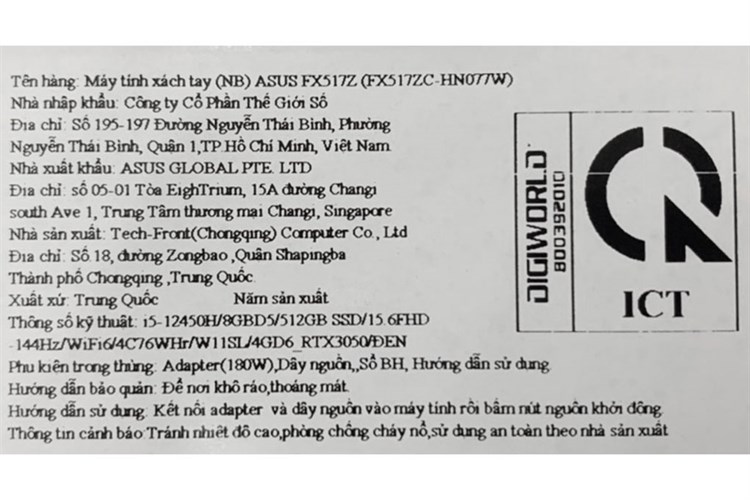 Laptop Asus Gaming TUF Dash F15 FX517ZC i5 12450H/8GB/512GB/4GB RTX3050/144Hz/Win11 (HN077W) Màu Đen