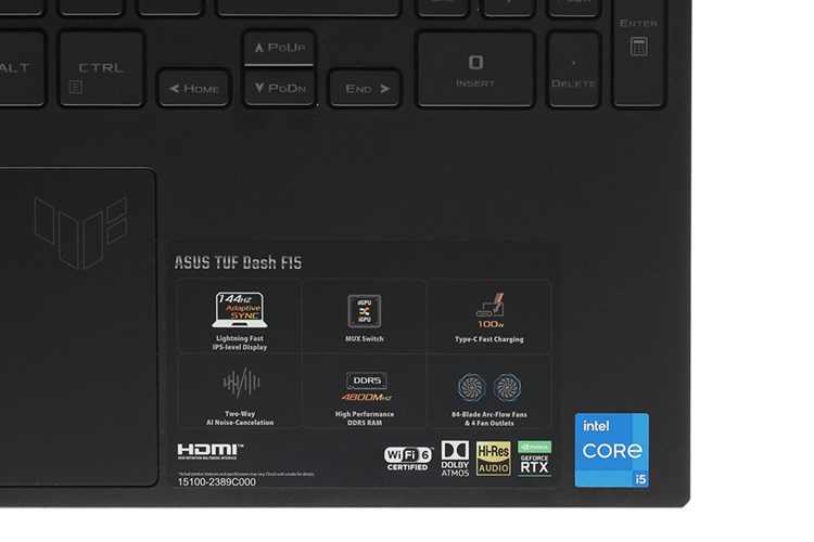 Laptop Asus Gaming TUF Dash F15 FX517ZC i5 12450H/8GB/512GB/4GB RTX3050/144Hz/Win11 (HN077W) Màu Đen
