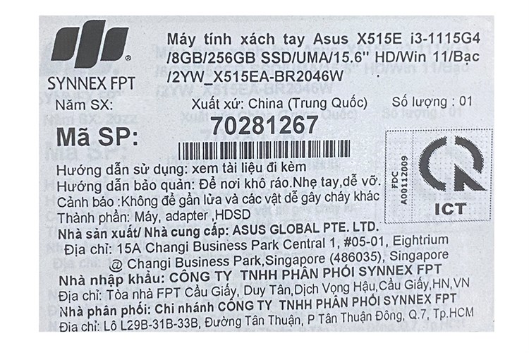 Laptop Asus VivoBook X515EA i3 1115G4/8GB/256GB/Win11 (BR2046W) Màu Bạc