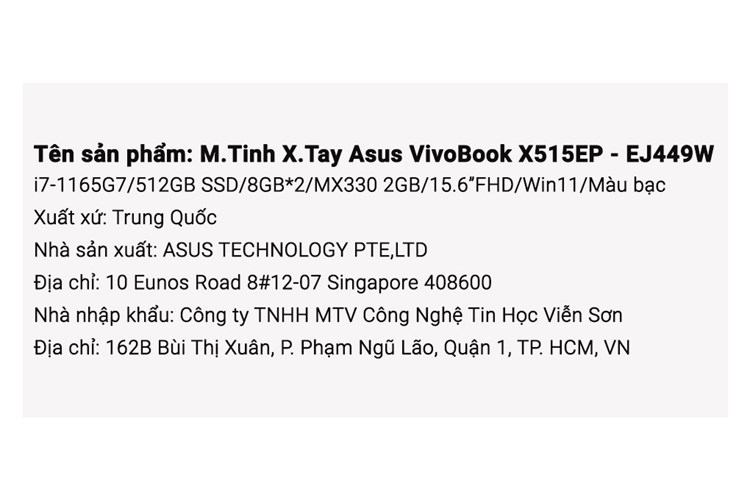 Laptop Asus VivoBook X515EP i7 1165G7/8GB/512GB/2GB MX330/Win11 (EJ449W) Màu Bạc