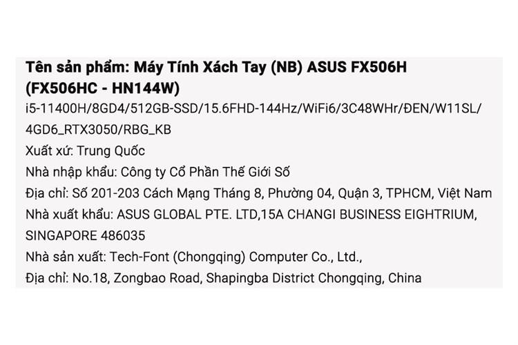 Laptop Asus TUF Gaming F15 FX506HC i5 11400H/8GB/512GB/4GB RTX3050/144Hz/Win11 (HN144W) Màu Đen