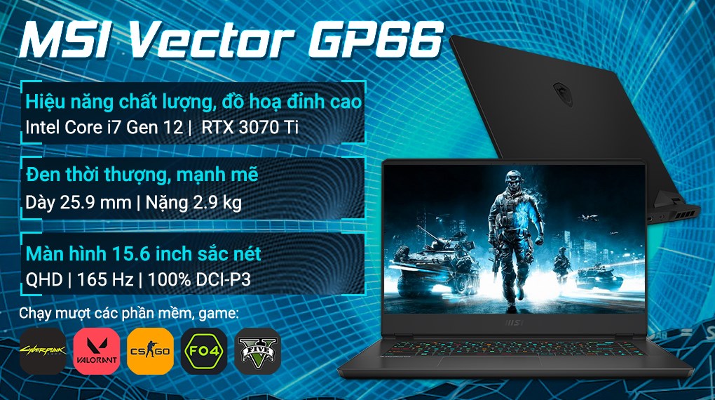 Laptop MSI Gaming Vector GP66 12UGS i7 12700H/16GB/1TB SSD/8GB RTX3070Ti/165Hz/Balo/Chuột/Win11 (432VN)