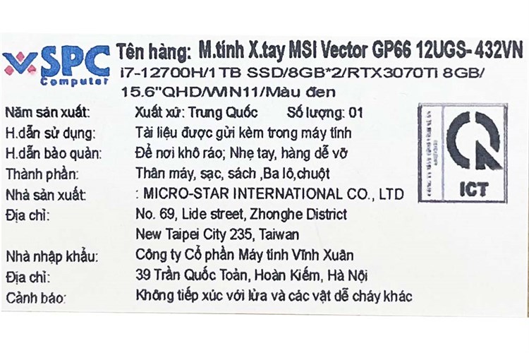Laptop MSI Gaming Vector GP66 12UGS i7 12700H/16GB/1TB SSD/8GB RTX3070Ti/165Hz/Balo/Chuột/Win11 (432VN) Màu Đen