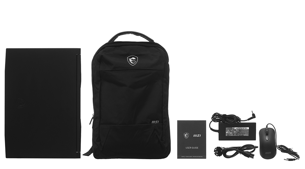 Bộ sản phẩm gồm: Sách hướng dẫn, Dây nguồn, Chuột, Balo, Sạc Laptop MSI, Thùng máy