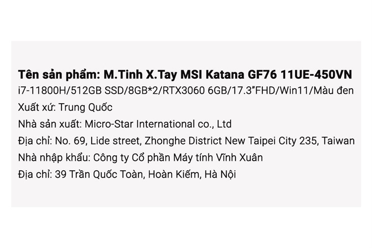 Laptop MSI Katana GF76 11UE i7 11800H/16GB/512GB/6GB RTX3060/144Hz/Balo/Chuột/Win11 (450VN) Màu Đen