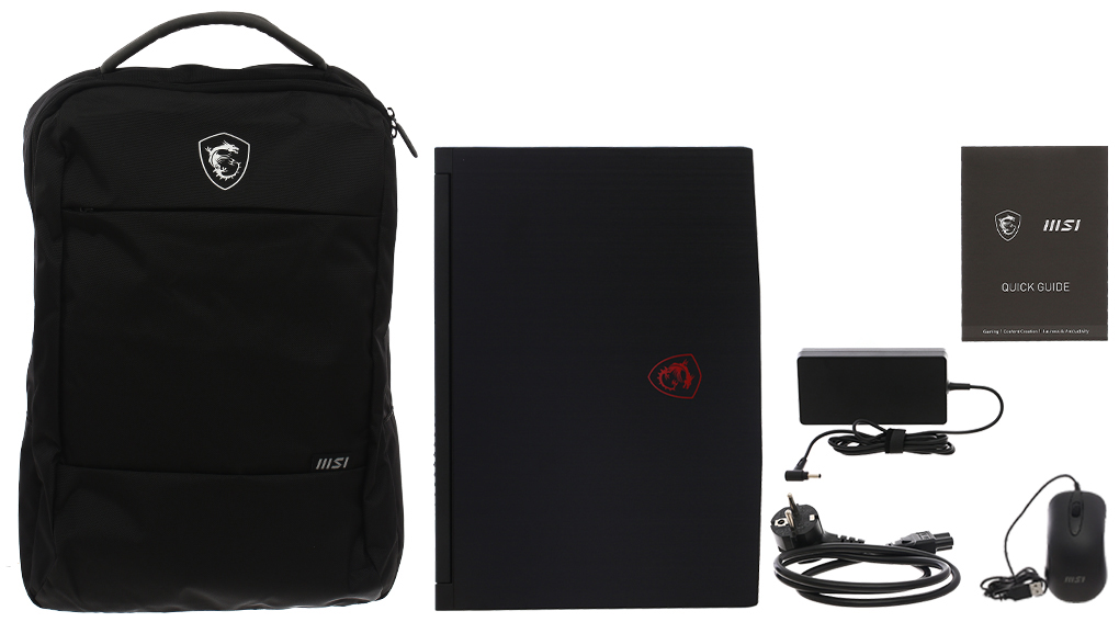 Bộ sản phẩm gồm: Sách hướng dẫn, Chuột, Balo, Sạc Laptop MSI, Thùng máy, Dây nguồn