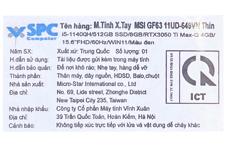 Laptop MSI Gaming GF63 Thin 11UD i5 11400H/8GB/512GB/4GB RTX3050Ti Max-Q/Balo/Chuột/Win11 (649VN) Màu Đen