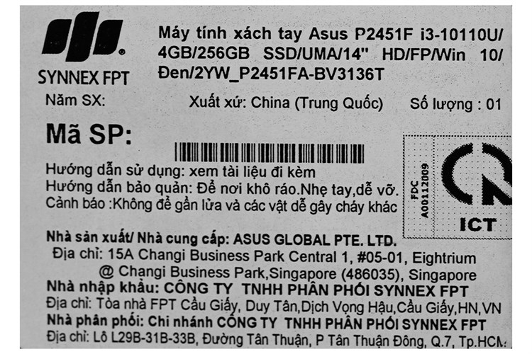 Laptop Asus ExpertBook P2451F i3 10110U/4GB/256GB/Win10 (BV3136T) Màu Đen