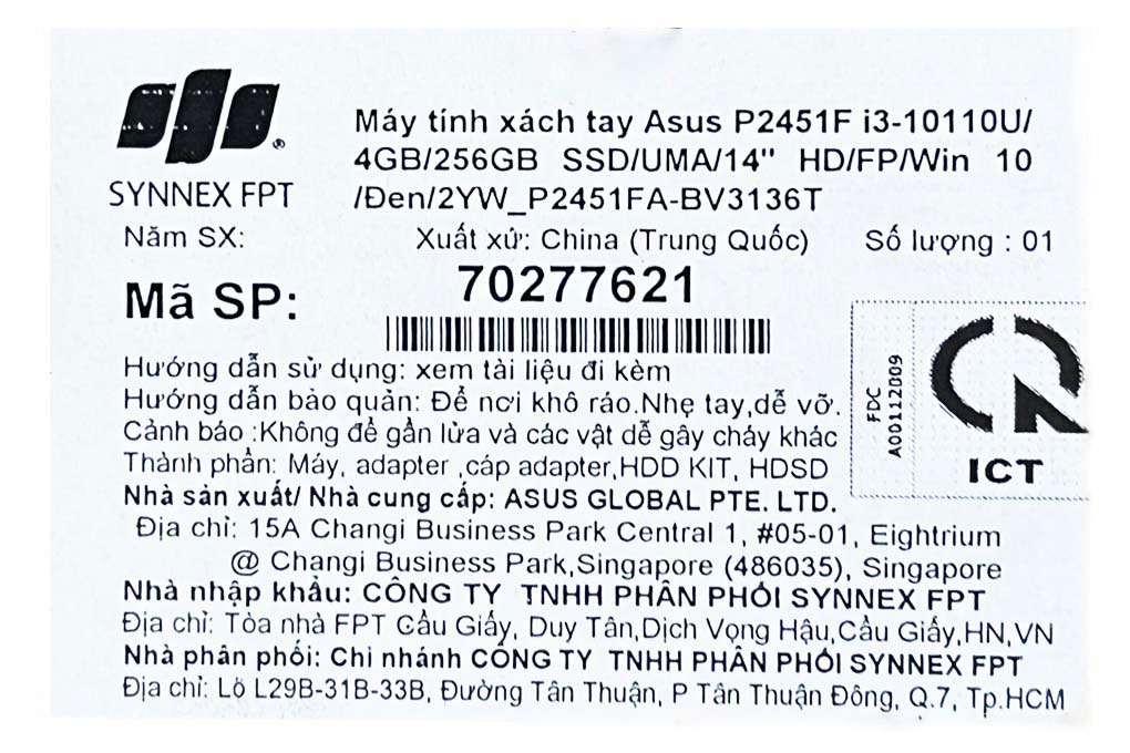 Laptop Asus ExpertBook P2451F i3 10110U/4GB/256GB/Win10 (BV3136T) Màu Đen