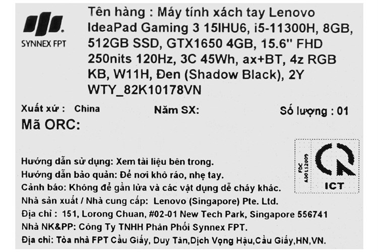 Laptop Lenovo IdeaPad Gaming 3 15IHU6 i5 11300H/8GB/512GB/4GB GTX1650/120Hz/Win11 (82K10178VN) Màu Đen