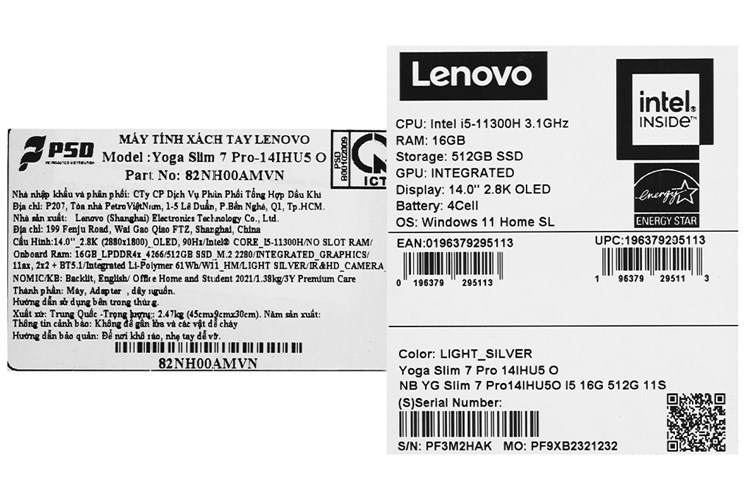 Laptop Lenovo Yoga Slim 7 Pro 14IHU5 i5 11300H/16GB/512GB/OfficeH&S/Win11 (82NH00AMVN) Màu Bạc
