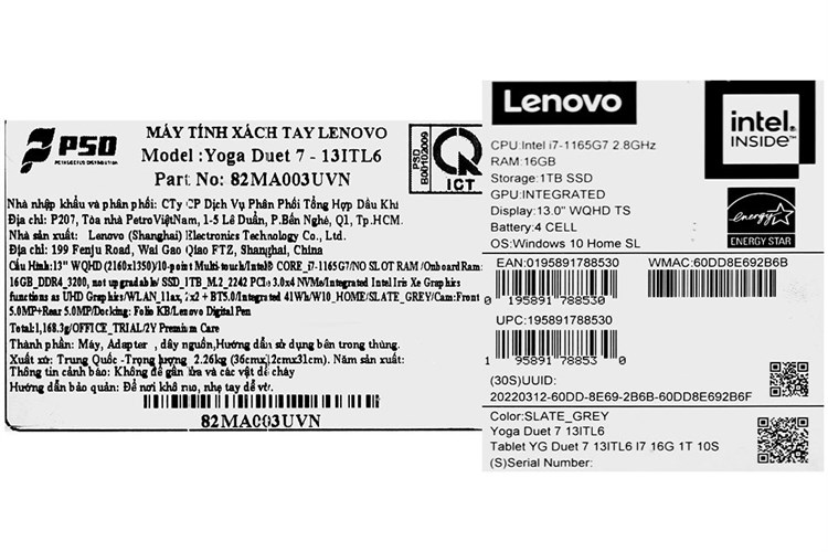 Laptop Lenovo Yoga Duet 7 13ITL6 i7 1165G7/16GB/1TB SSD/Touch/Pen/Win10 (82MA003UVN) Màu Xám