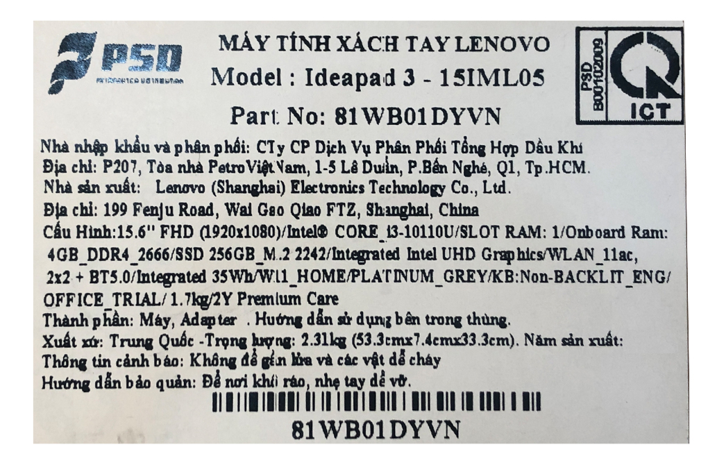 Laptop Lenovo IdeaPad 3 15IML05 i3 10110U/4GB/256GB/Win11 (81WB01DYVN) Màu Xám