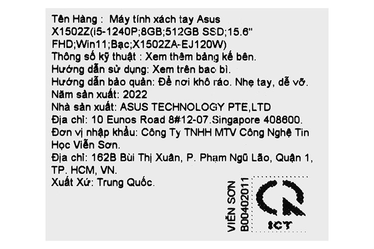 Laptop Asus Vivobook 15 X1502ZA i5 1240P/8GB/512GB/Win11 (EJ120W) Màu Bạc