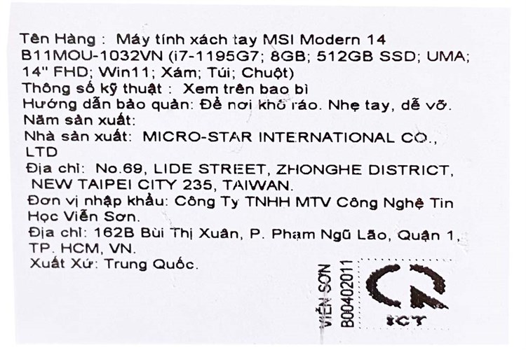 Laptop MSI Modern 14 B11MOU i7 1195G7/8GB/512GB/Túi/Chuột/Win11 (1032VN) Màu Xám