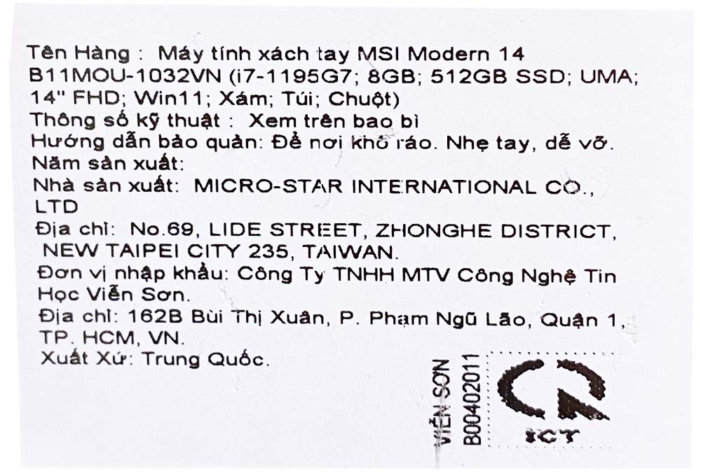 Laptop MSI Modern 14 B11MOU i7 1195G7/8GB/512GB/Túi/Chuột/Win11 (1032VN) Màu Xám