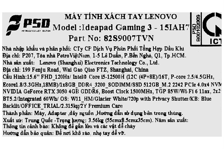 Laptop Lenovo Ideapad Gaming 3 15IAH7 i5 12500H/8GB/512GB/4GB RTX3050/120Hz/Win11 (82S9007TVN) Màu Trắng