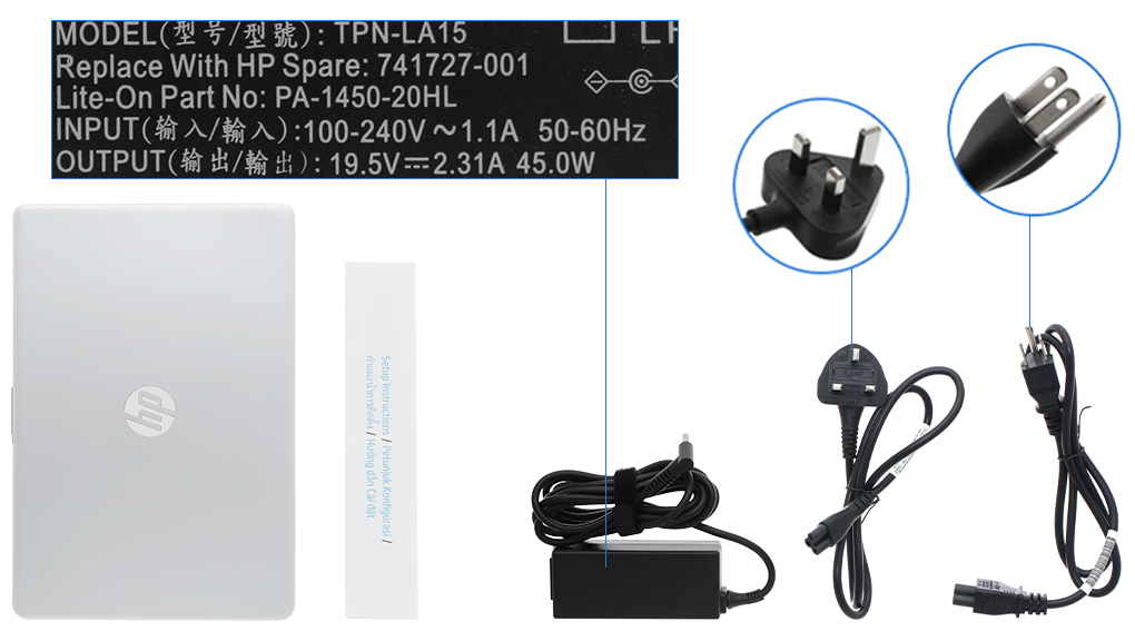 Bộ sản phẩm gồm: Thùng máy, Sạc Laptop HP, Sách hướng dẫn