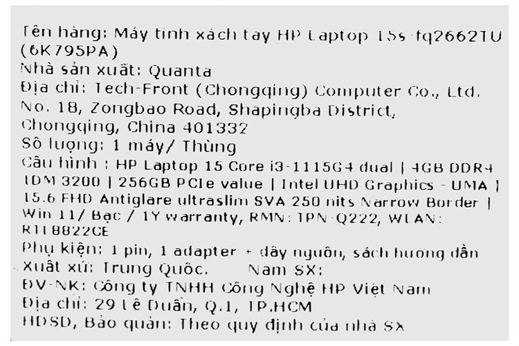 Laptop HP 15s fq2662TU i3 1115G4/4GB/256GB/Win11 (6K795PA) Màu Bạc
