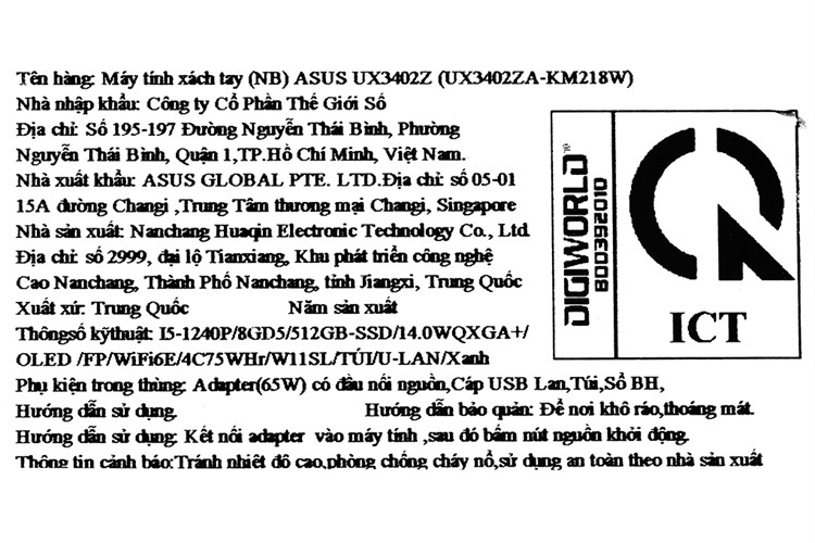 Laptop Asus Zenbook 14 OLED UX3402ZA i5 1240P/8GB/512GB/90Hz/Cáp/Túi/Win11 (KM220W) Màu Xanh