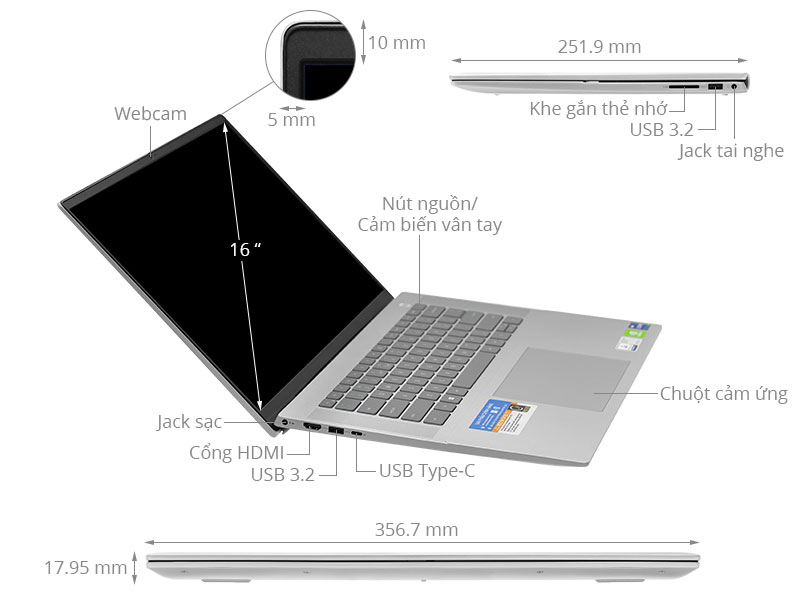Laptop Dell Inspiron 16 5620 i5 1240P/16GB/512GB/2GB MX570/OfficeHS/Win11 (N6I5003W1)