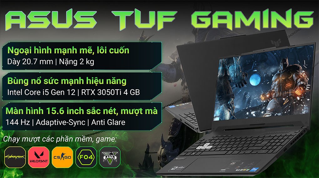Laptop Asus Gaming TUF Dash F15 FX517ZE i5 12450H/8GB/512GB/4GB RTX3050Ti/144Hz/Win11 (HN045W)