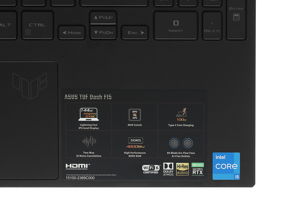 Laptop Asus TUF Gaming Dash F15 FX517ZE - HN045W (i5 12450H, 8GB, 512GB, RTX 3050Ti 4GB, Full HD 144Hz, Win11) Màu Đen