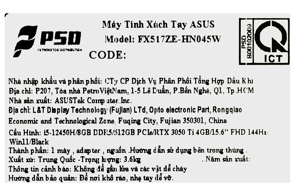 Laptop Asus TUF Gaming Dash F15 FX517ZE - HN045W (i5 12450H, 8GB, 512GB, RTX 3050Ti 4GB, Full HD 144Hz, Win11) Màu Đen